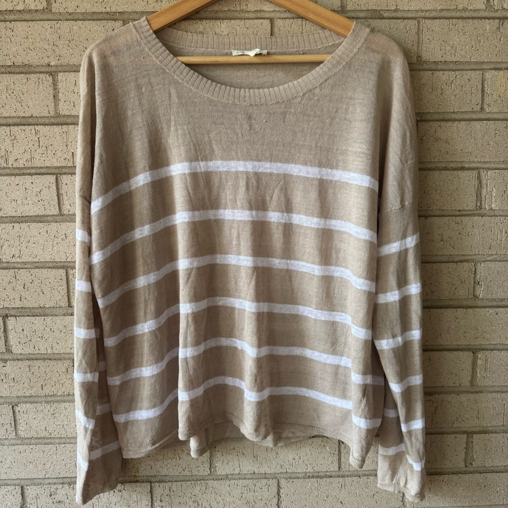 Eileen Fisher Fine Linen Striped Beige and White Long Sleeve Crepe Top